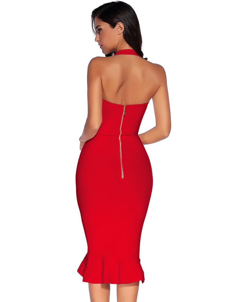 Meilun Womens Halter Fishtail Bandage Party Dress Elegant Wedding Guest Dress(Red,M) - Image 4